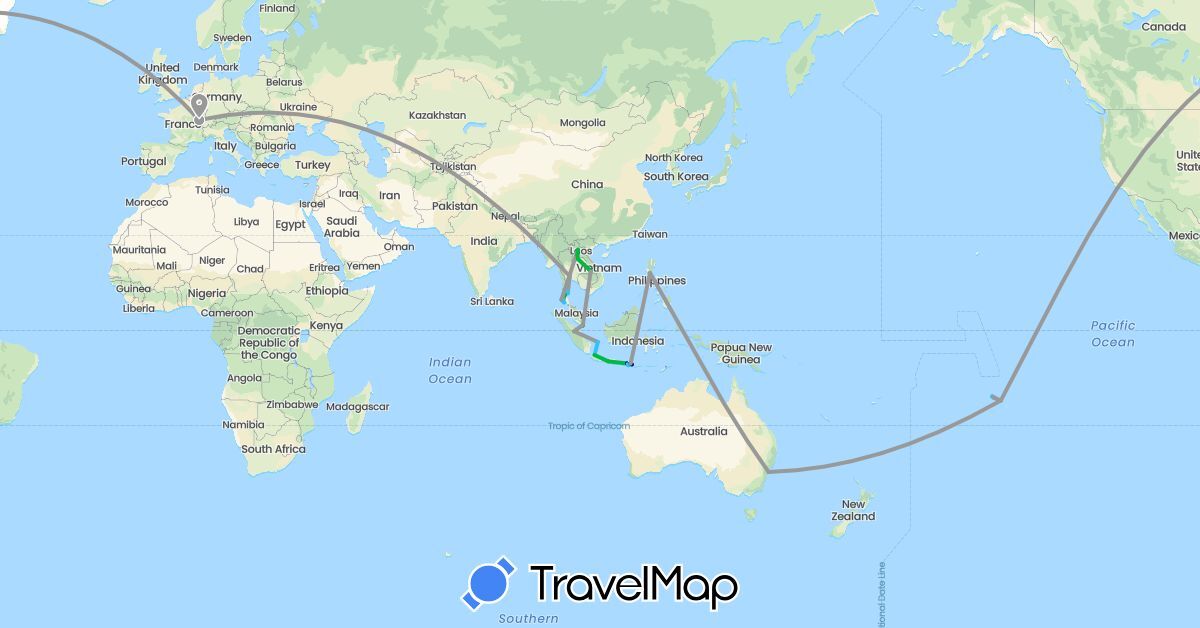 TravelMap itinerary: driving, bus, plane, boat in Australia, France, Indonesia, Laos, Philippines, Singapore, Thailand (Asia, Europe, Oceania)